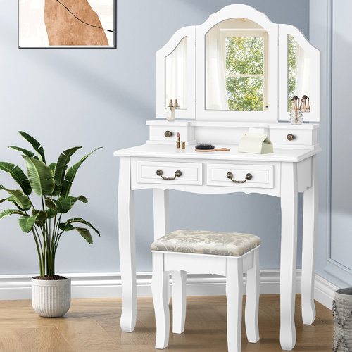 ALFORDSON Dressing Table Stool Set Makeup Foldable Mirror Vanity Desk White