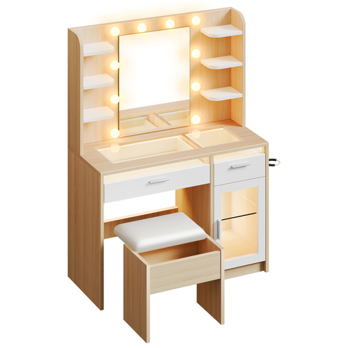 ALFORDSON Dressing Table Stool Set Vanity Desk RGB Light Charging Station Wood