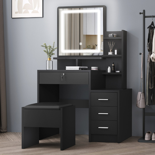 ALFORDSON Dressing Table Stool Set LED Makeup Mirror Vanity Desk Cabinet Black