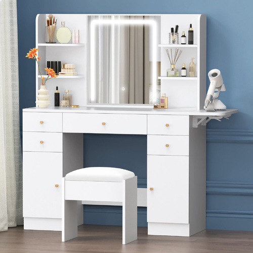 ALFORDSON Dressing Table Stool Set Makeup Mirror LED Vanity Desk 5 Drawers White