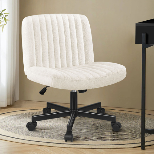 Alfordson Criss Cross Legged Office Chair with Wheels Boucle Armless Swivel Vanity Chair White