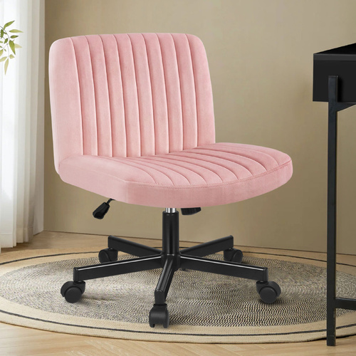 Alfordson Criss Cross Legged Office Chair with Wheels Velvet Armless Swivel Vanity Chair Pink