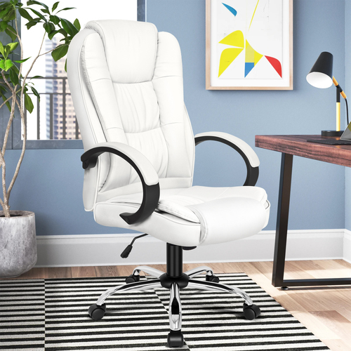 ALFORDSON Office Chair Executive PU Leather Computer Gaming Racer White Seat