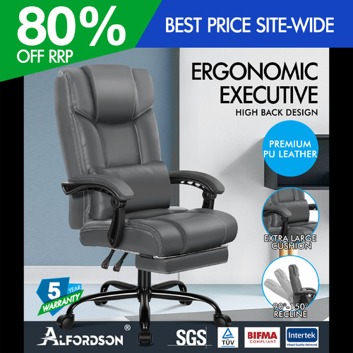 ALFORDSON Office Chair Executive Computer Gaming PU Leather Seat Recliner Grey
