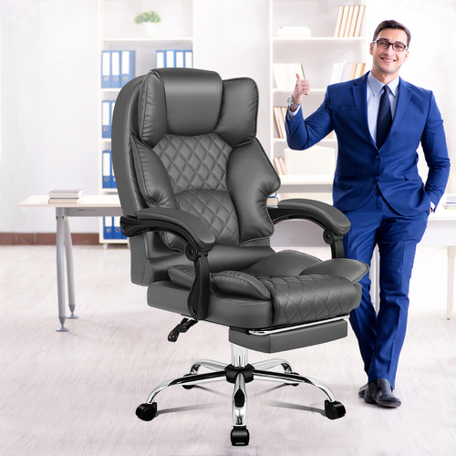 ALFORDSON Office Chair with Footrest PU Leather Executive Computer Racer Seat Recliner Grey