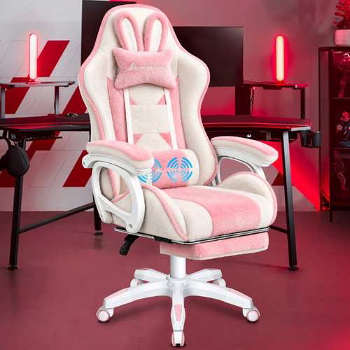 ALFORDSON Gaming Office Chair Rabit Fur Racing Seat Massage Lumbar Pink & White