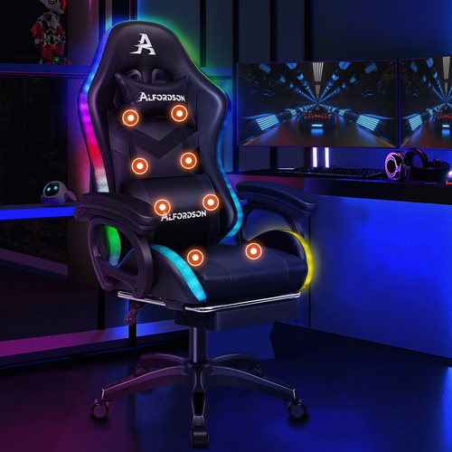 ALFORDSON Massage Gaming Chair 12 RGB LED Footrest Black