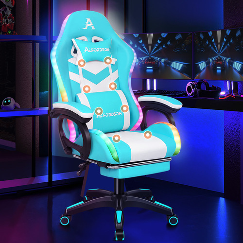 ALFORDSON Gaming Office Chair Massage 12 RGB LED Computer Seat Footrest
