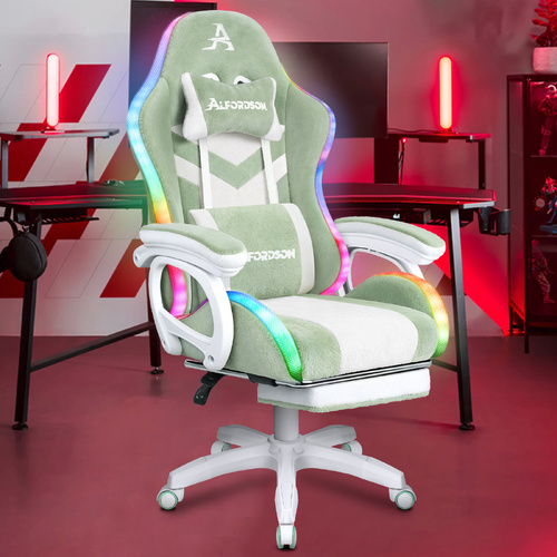ALFORDSON Gaming Office Chair Sherpa Fleece 12 RGB LED Massage Footrest Green