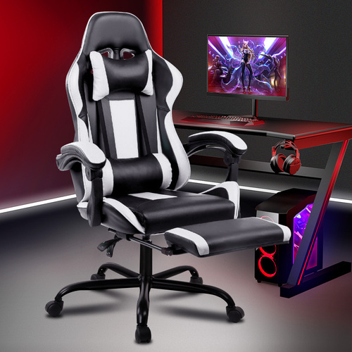 ALFORDSON Gaming Office Chair Executive Racing Footrest Seat PU Leather White