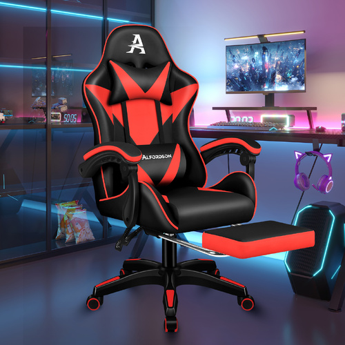 ALFORDSON Gaming Office Chair Massage Computer Footrest Seat Leather Black & Red