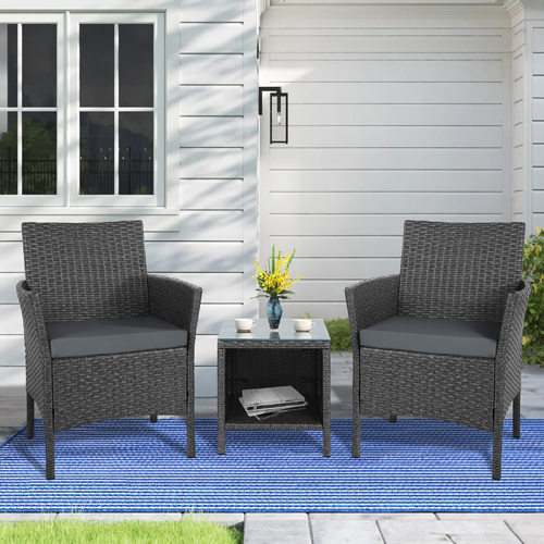 ALFORDSON Outdoor Furniture 3PCS Wicker Bistro Set Patio Chairs Table Dark Grey