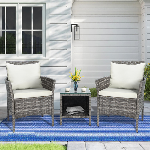 ALFORDSON Outdoor Furniture 3PCS Bistro Wicker Set Grey