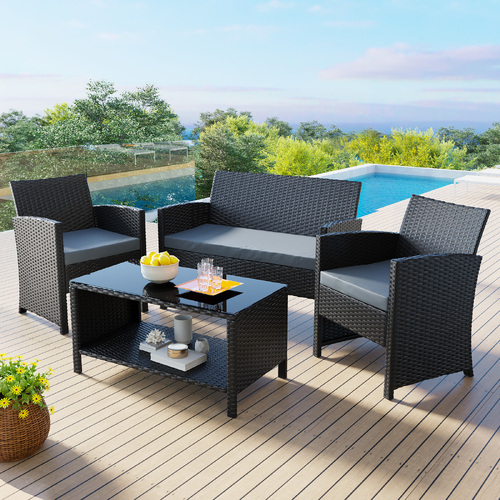 ALFORDSON Outdoor Furniture 4PCS Garden Patio Chairs Table Set Wicker Black