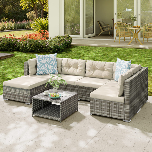 ALFORDSON 6 Seater Outdoor Lounge Setting 7PCS Sofa Set Furniture Light Grey