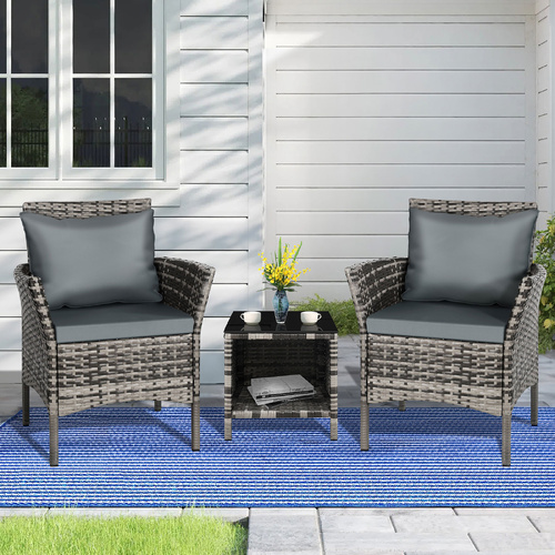 ALFORDSON Outdoor Furniture 3PCS Wicker Bistro Set Patio Chairs Table Mixed Grey