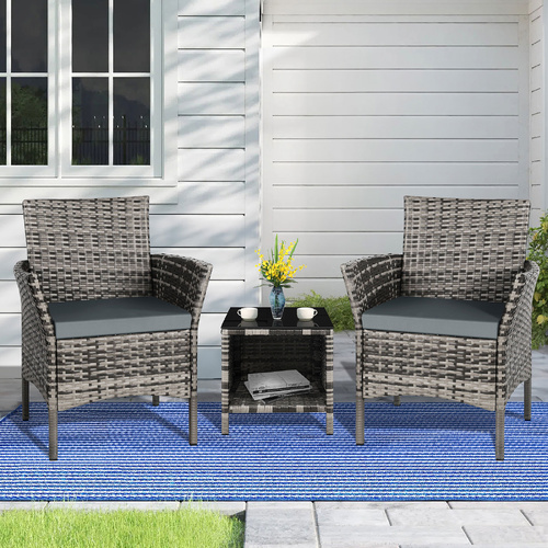ALFORDSON Outdoor Furniture 3PCS Wicker Bistro Set Patio Chairs Table Mixed Grey
