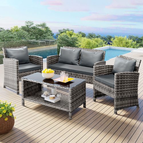 ALFORDSON Outdoor Furniture 4PCS Garden Patio Chairs Table Set Wicker Mixed Grey