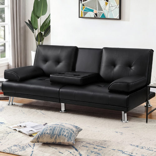 ALFORDSON Sofa Bed Lounge 3 Seater Recliner Futon Couch Cup Holder Leather Black