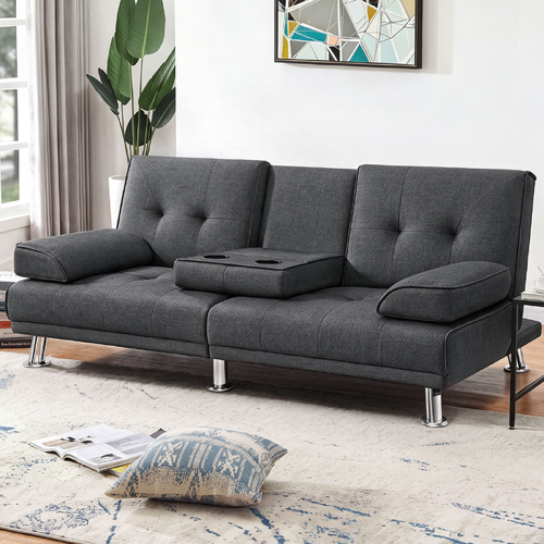 ALFORDSON Sofa Bed Lounge Convertible 3 Seater Futon Couch Cup Holder Grey