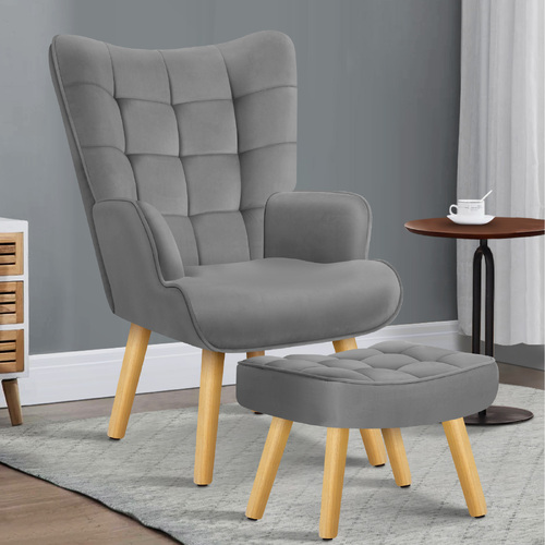 ALFORDSON Wooden Armchair Velvet Accent Chair Lounge Sofa Ottoman Footstool